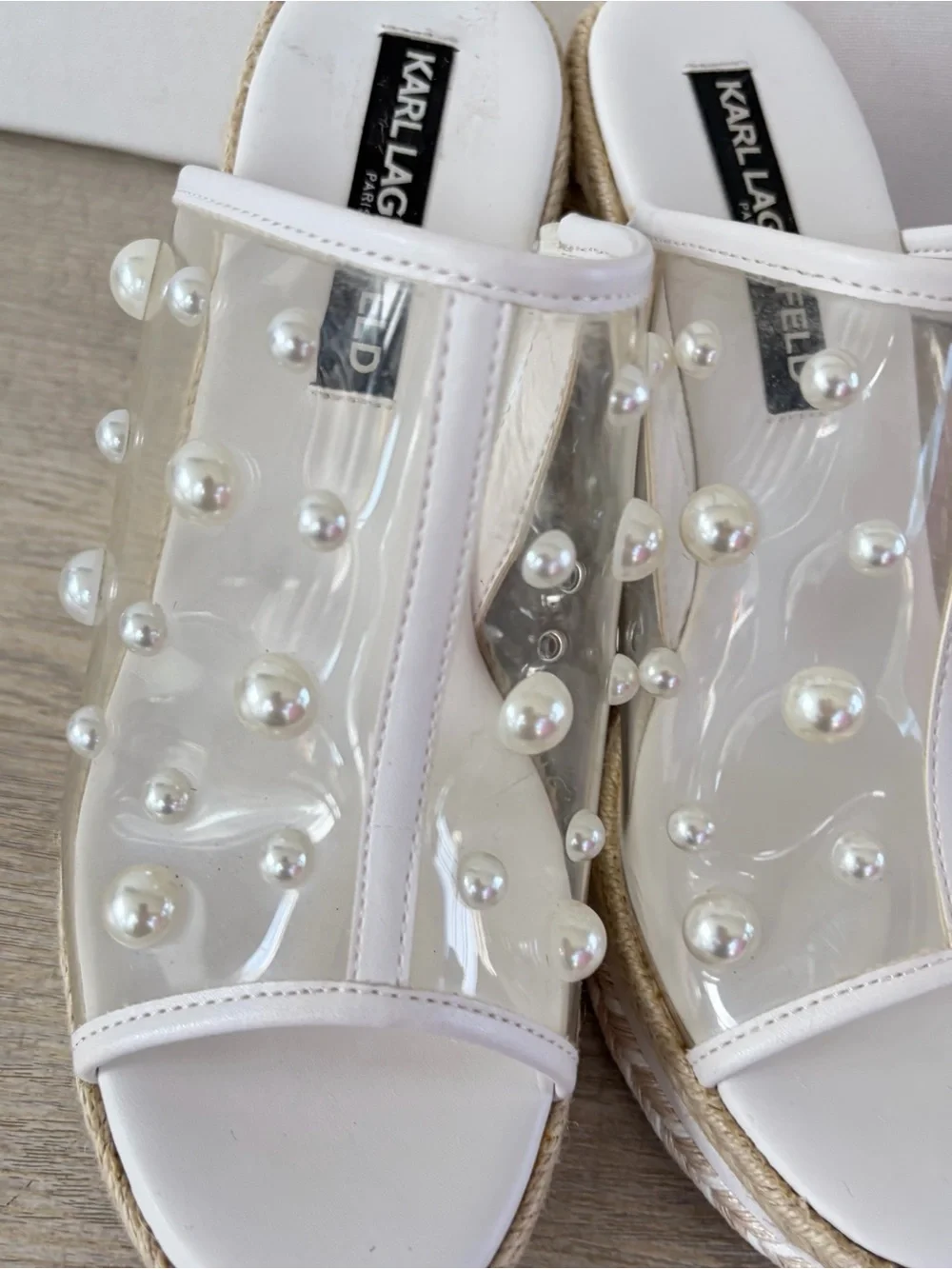 Karl Lagerfeld Paris Corissa wedge sandals Espadrilles Pearls Womens 36 6 White